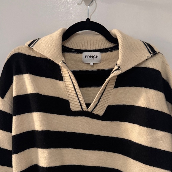 FRNCH V-Neck Sweater with Black and Cream Stripes - Picture 3 of 5